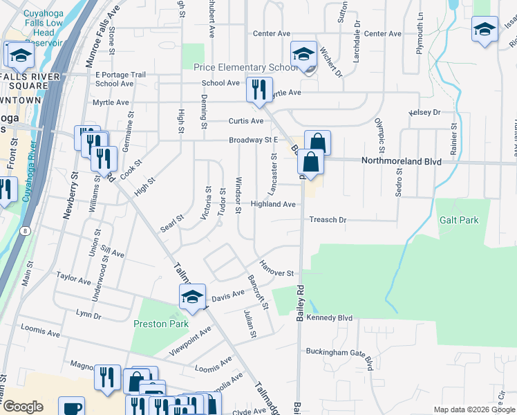 map of restaurants, bars, coffee shops, grocery stores, and more near 1020 Highland Avenue in Cuyahoga Falls