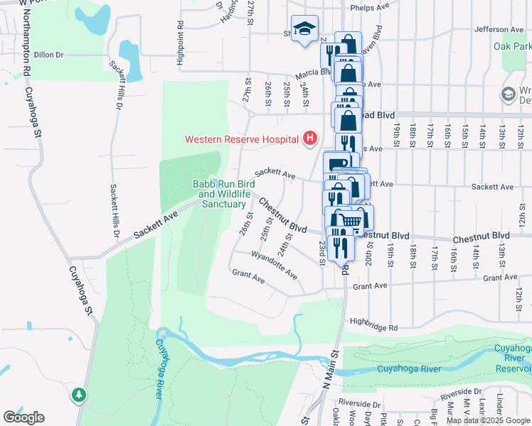 map of restaurants, bars, coffee shops, grocery stores, and more near 2510 Chestnut Boulevard in Cuyahoga Falls