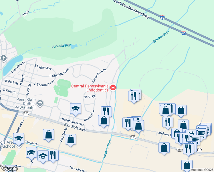 map of restaurants, bars, coffee shops, grocery stores, and more near in DuBois