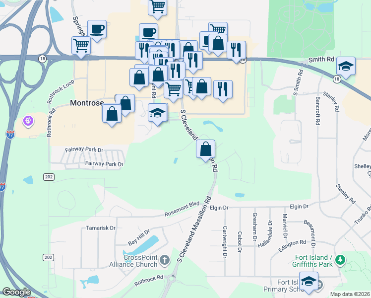 map of restaurants, bars, coffee shops, grocery stores, and more near 3522 Commercial Drive in Akron