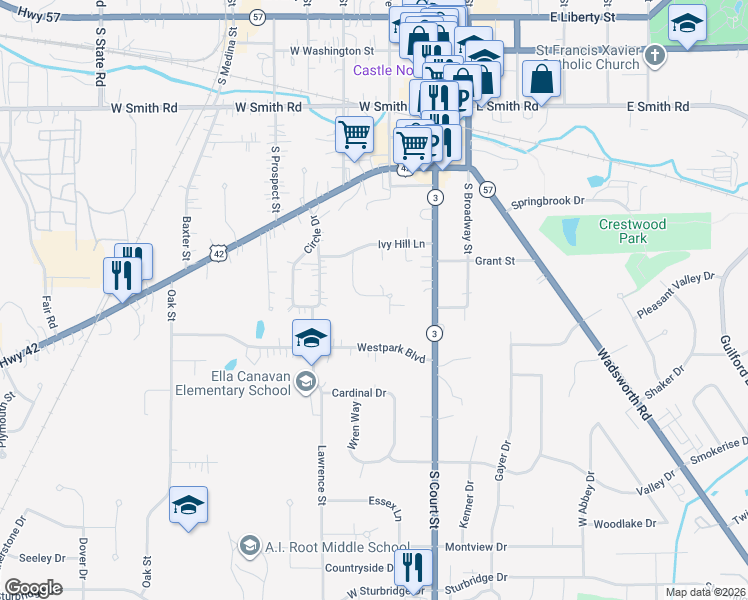 map of restaurants, bars, coffee shops, grocery stores, and more near 240 Canterbury Lane in Medina