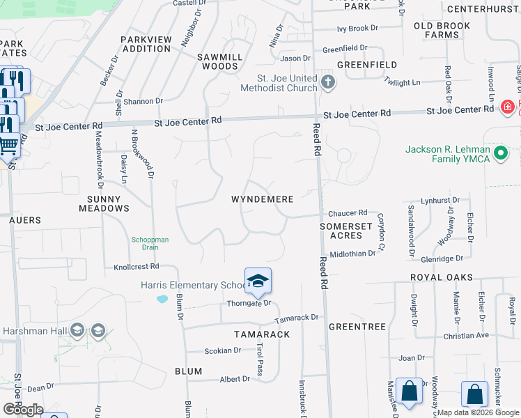 map of restaurants, bars, coffee shops, grocery stores, and more near in Fort Wayne