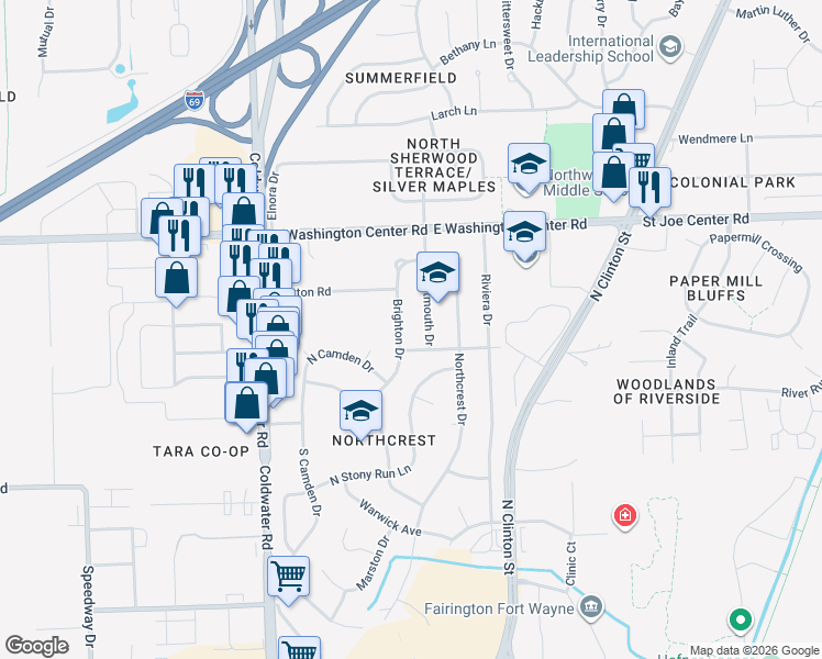 map of restaurants, bars, coffee shops, grocery stores, and more near in Fort Wayne