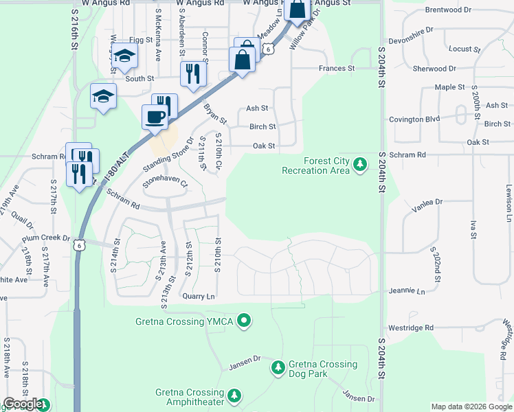 map of restaurants, bars, coffee shops, grocery stores, and more near 21102 Castlerock Lane in Gretna