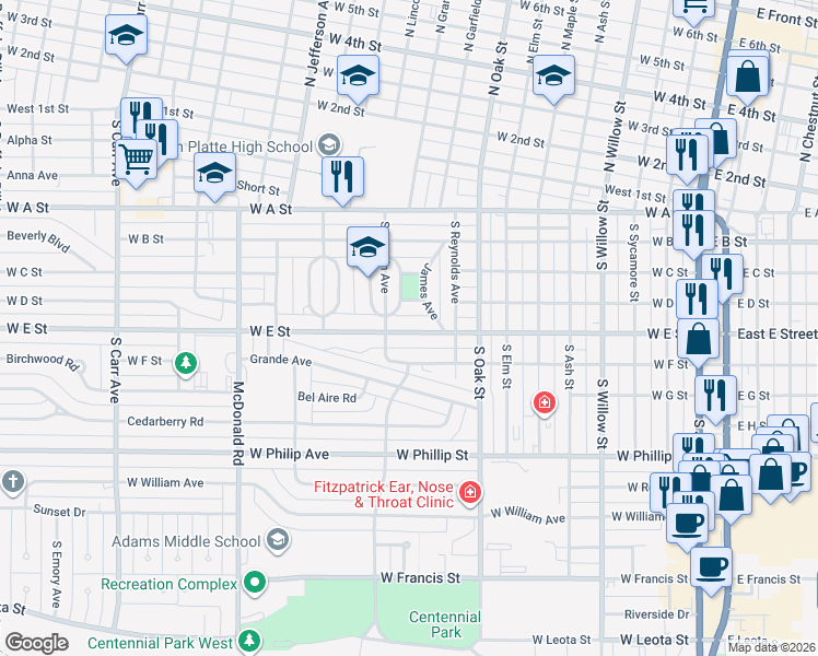 map of restaurants, bars, coffee shops, grocery stores, and more near 1035 West E Street in North Platte
