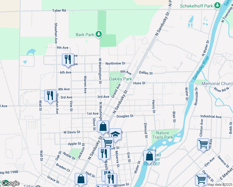 map of restaurants, bars, coffee shops, grocery stores, and more near 102 Grand Avenue in Tiffin