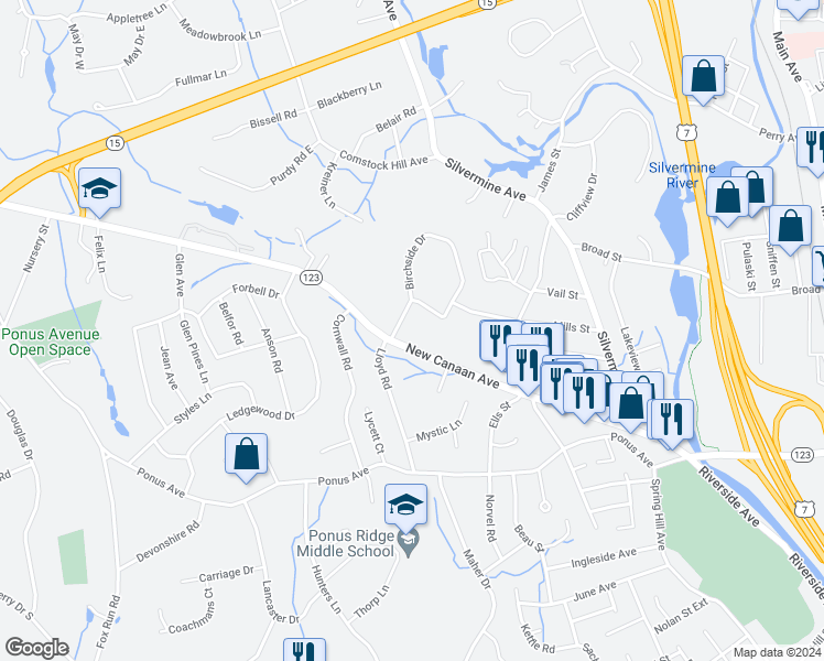 map of restaurants, bars, coffee shops, grocery stores, and more near 3 Birchside Drive in Norwalk