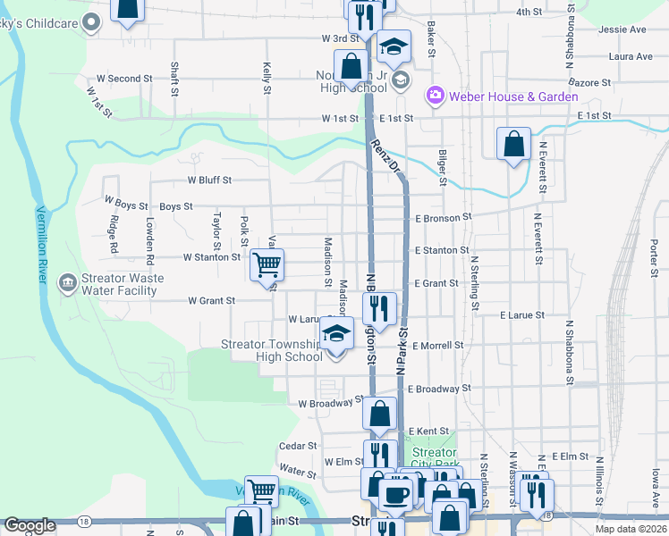 map of restaurants, bars, coffee shops, grocery stores, and more near 912 Madison Street in Streator