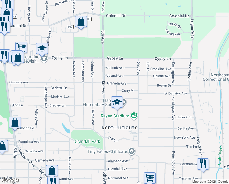map of restaurants, bars, coffee shops, grocery stores, and more near 2242 Cordova Avenue in Youngstown