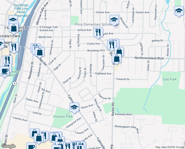 map of restaurants, bars, coffee shops, grocery stores, and more near 1794 Windsor Street in Cuyahoga Falls
