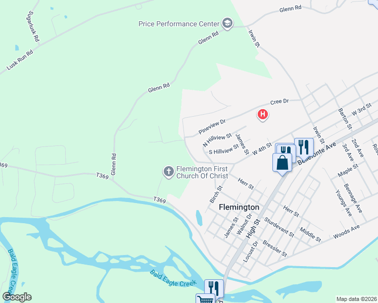 map of restaurants, bars, coffee shops, grocery stores, and more near 134 Evergreen Road in Flemington