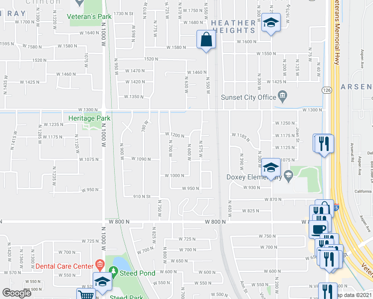 map of restaurants, bars, coffee shops, grocery stores, and more near 1137 North 600 West in Clinton