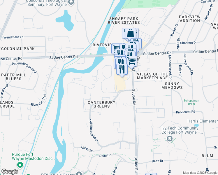 map of restaurants, bars, coffee shops, grocery stores, and more near 2827 Northgate Boulevard in Fort Wayne