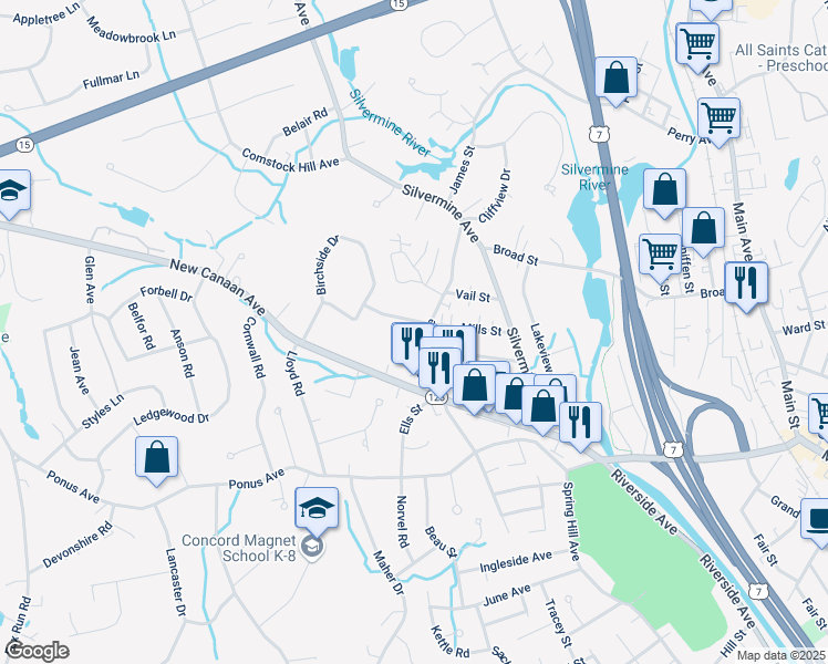 map of restaurants, bars, coffee shops, grocery stores, and more near 31 Bartlett Avenue in Norwalk