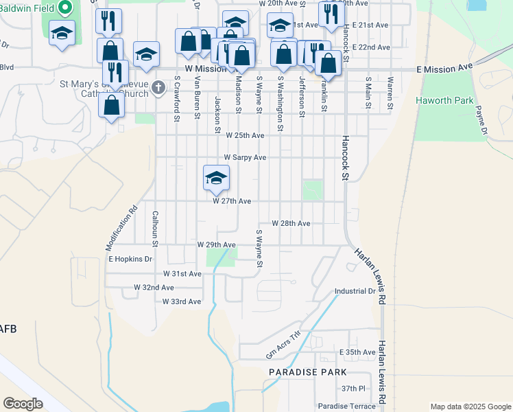 map of restaurants, bars, coffee shops, grocery stores, and more near 401 West 27th Avenue in Bellevue
