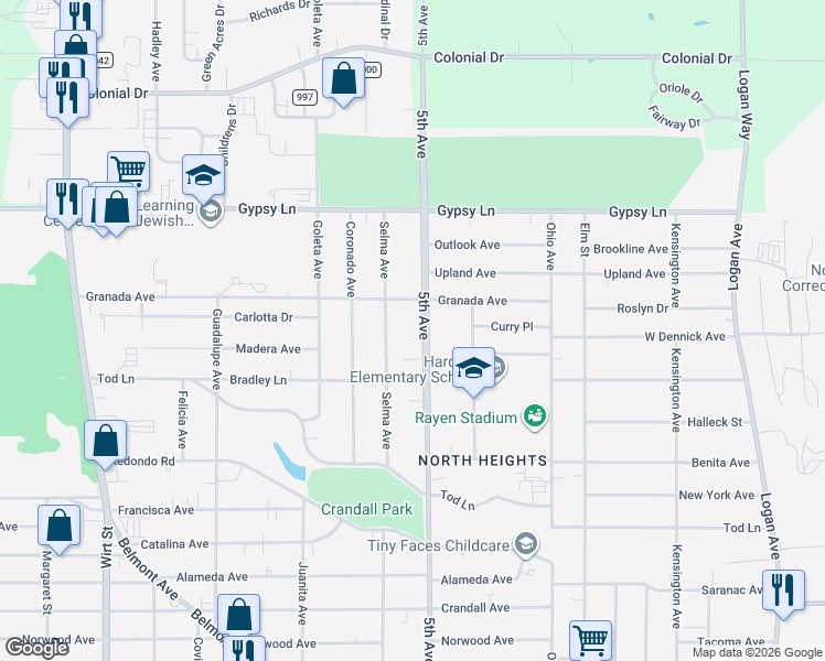 map of restaurants, bars, coffee shops, grocery stores, and more near 2250 5th Avenue in Youngstown