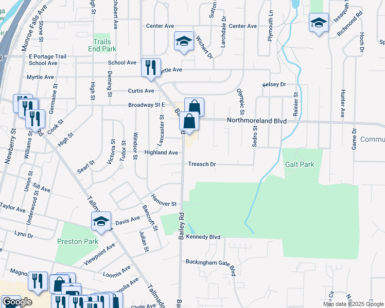 map of restaurants, bars, coffee shops, grocery stores, and more near 1777 Bailey Road in Cuyahoga Falls