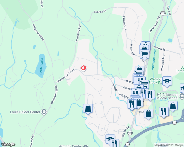 map of restaurants, bars, coffee shops, grocery stores, and more near 58 Whippoorwill Road East in Armonk