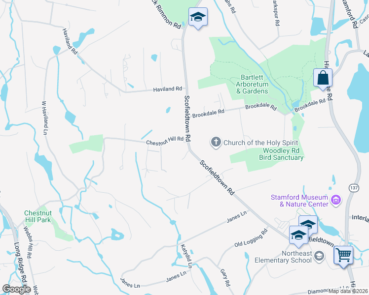 map of restaurants, bars, coffee shops, grocery stores, and more near 422 Scofieldtown Road in Stamford