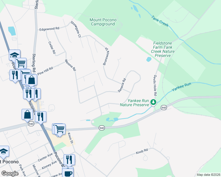 map of restaurants, bars, coffee shops, grocery stores, and more near 26 Seneca Road in Mount Pocono