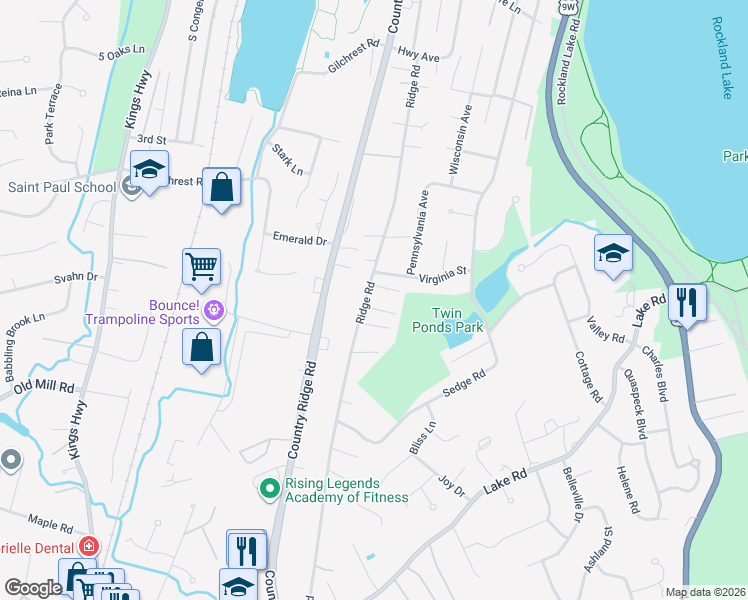 map of restaurants, bars, coffee shops, grocery stores, and more near 101 Ridge Road in Valley Cottage