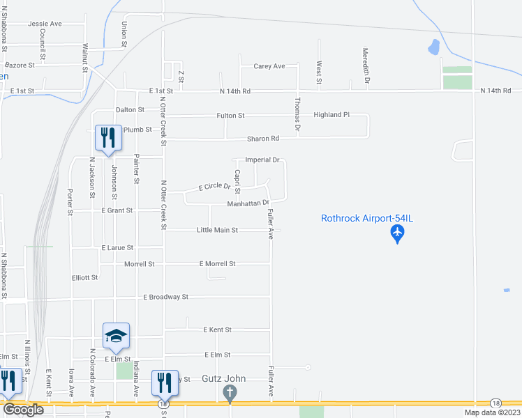 map of restaurants, bars, coffee shops, grocery stores, and more near 23 Manhattan Drive in Streator