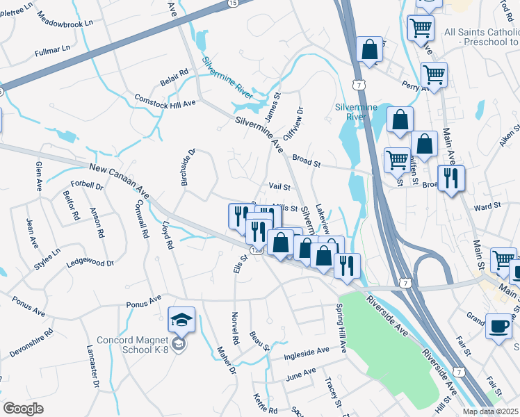 map of restaurants, bars, coffee shops, grocery stores, and more near 23 Mills Street in Norwalk