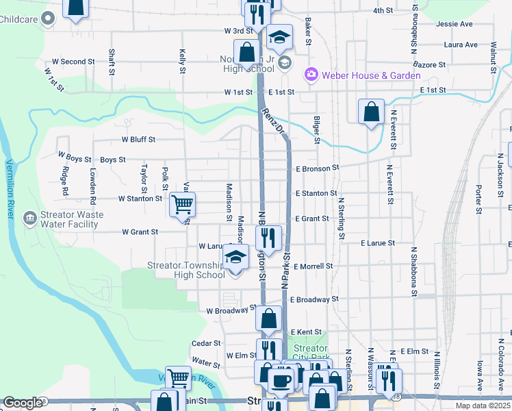 map of restaurants, bars, coffee shops, grocery stores, and more near 912 North Bloomington Street in Streator