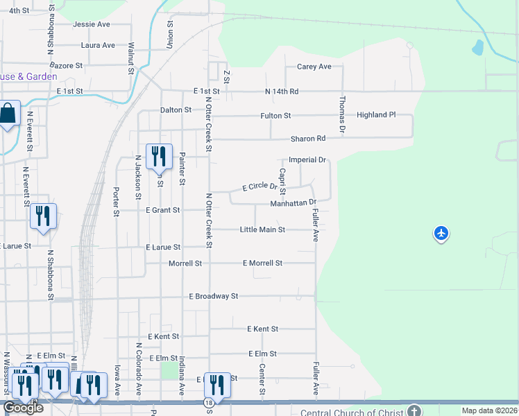 map of restaurants, bars, coffee shops, grocery stores, and more near 1507 Manhattan Drive in Streator
