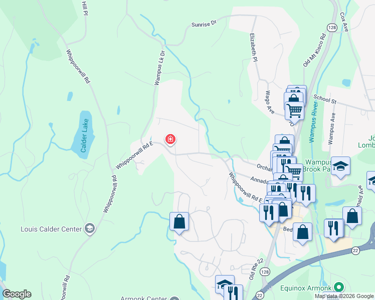 map of restaurants, bars, coffee shops, grocery stores, and more near 58 Whippoorwill Road East in Armonk