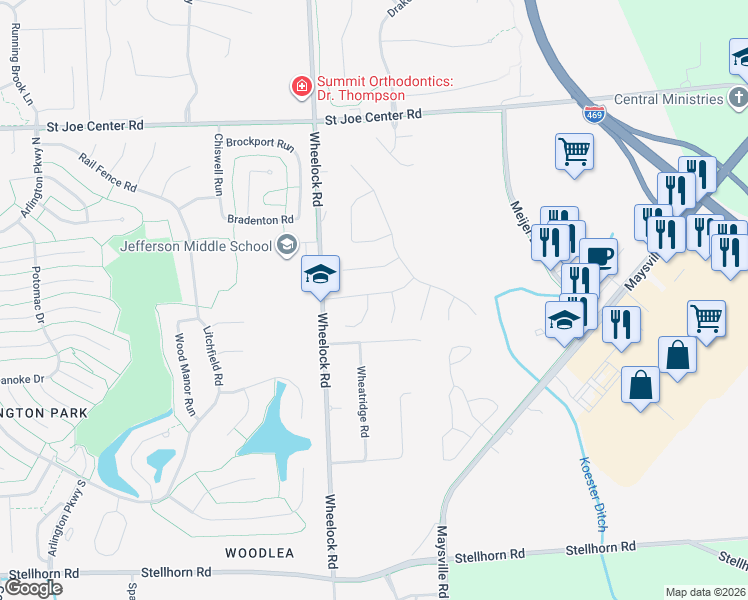 map of restaurants, bars, coffee shops, grocery stores, and more near 9406 Mill Ridge Run in Fort Wayne