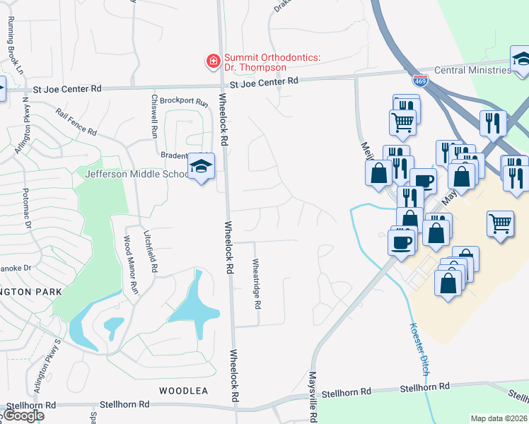 map of restaurants, bars, coffee shops, grocery stores, and more near 9406 Mill Ridge Run in Fort Wayne