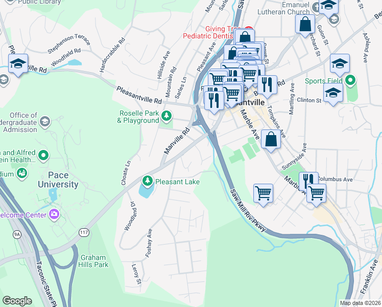 map of restaurants, bars, coffee shops, grocery stores, and more near 580 Bedford Road in Pleasantville