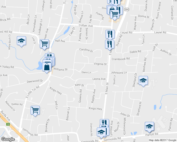 map of restaurants, bars, coffee shops, grocery stores, and more near 5 Glenn Lane in New City