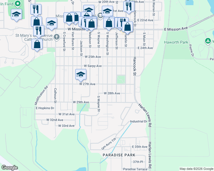 map of restaurants, bars, coffee shops, grocery stores, and more near 2702 South Washington Street in Bellevue