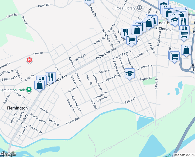 map of restaurants, bars, coffee shops, grocery stores, and more near 222 South Hampton Street in Lock Haven