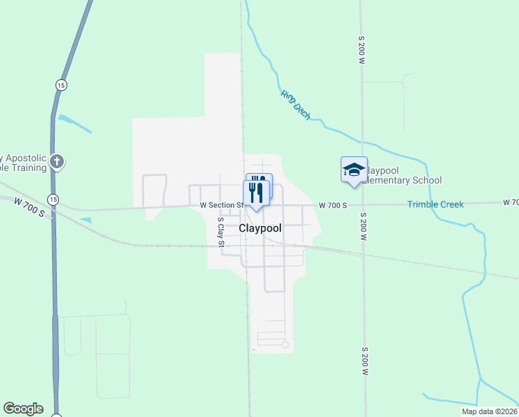 map of restaurants, bars, coffee shops, grocery stores, and more near 105 W Section St in Claypool