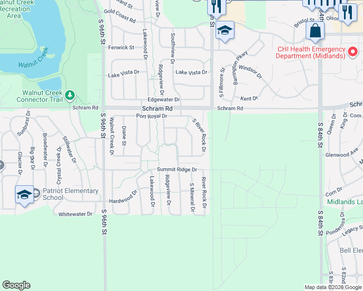 map of restaurants, bars, coffee shops, grocery stores, and more near 2205 Quartz Drive in Papillion