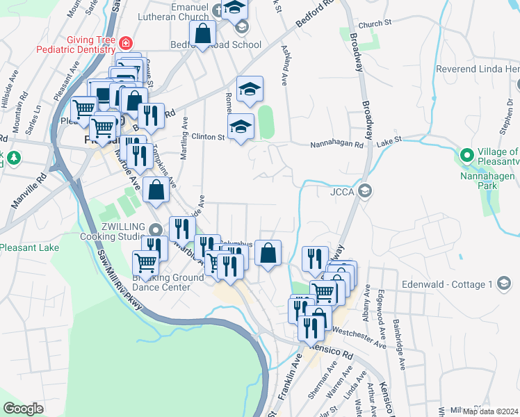 map of restaurants, bars, coffee shops, grocery stores, and more near 82 Meadow Lane in Pleasantville