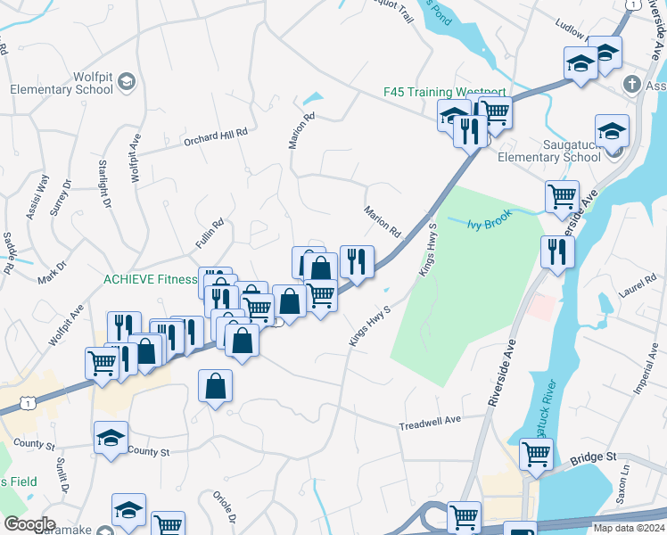 map of restaurants, bars, coffee shops, grocery stores, and more near 17 Hills Lane in Westport