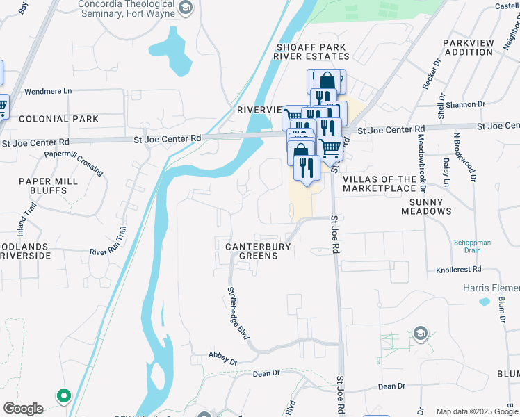 map of restaurants, bars, coffee shops, grocery stores, and more near 5612 Woodshire Drive in Fort Wayne