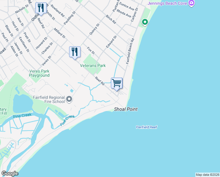 map of restaurants, bars, coffee shops, grocery stores, and more near 1063 Reef Road in Fairfield
