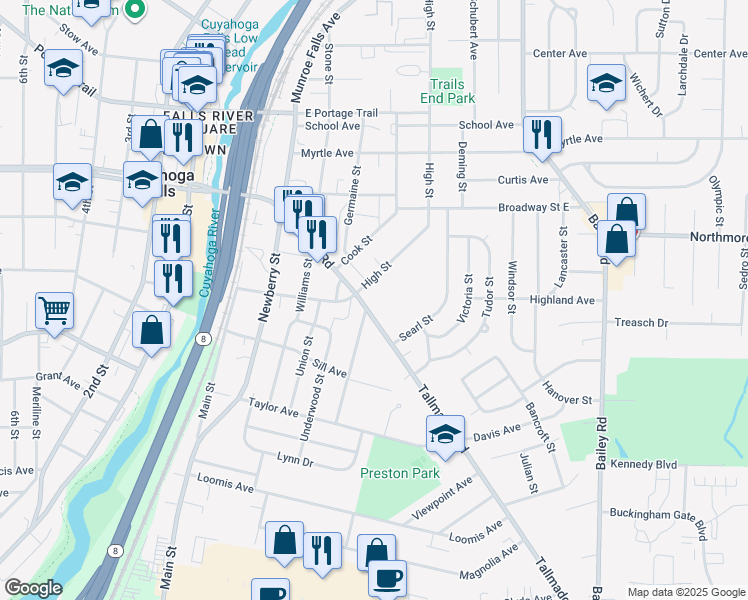 map of restaurants, bars, coffee shops, grocery stores, and more near 543 Tallmadge Road in Cuyahoga Falls