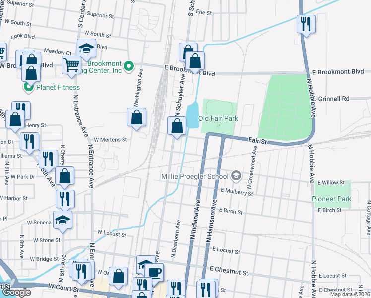 map of restaurants, bars, coffee shops, grocery stores, and more near 263 East Willow Street in Kankakee