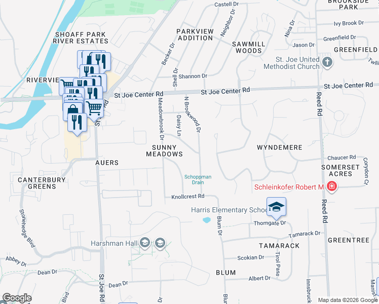map of restaurants, bars, coffee shops, grocery stores, and more near 3834 Northcreek Drive in Fort Wayne