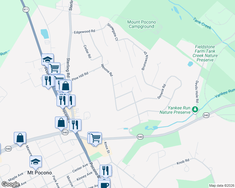 map of restaurants, bars, coffee shops, grocery stores, and more near 106 Winona Road in Mount Pocono