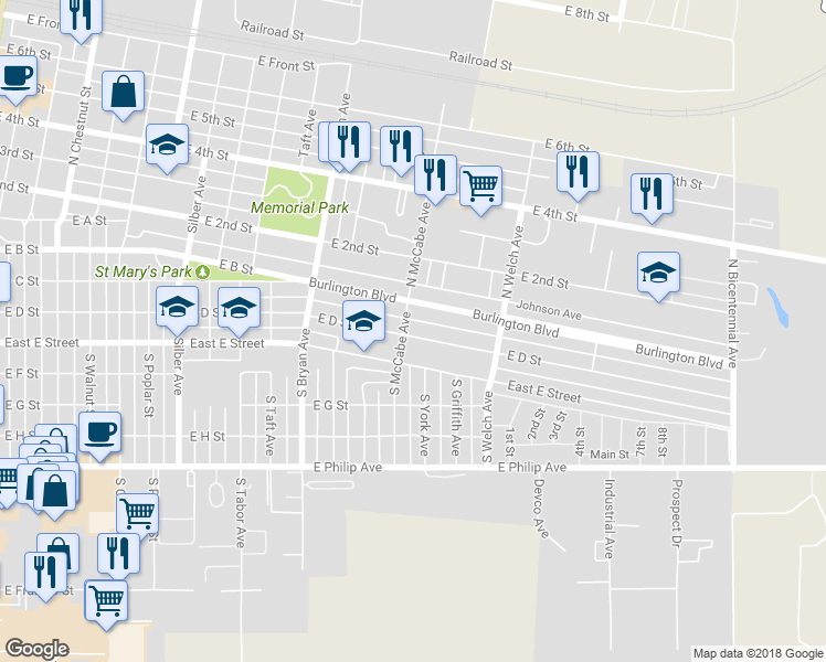 map of restaurants, bars, coffee shops, grocery stores, and more near 1505 East D Street in North Platte