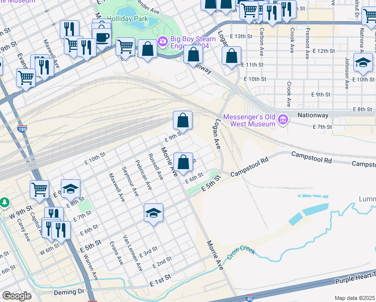 map of restaurants, bars, coffee shops, grocery stores, and more near 1111 East 8th Street in Cheyenne
