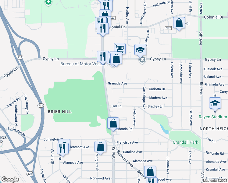 map of restaurants, bars, coffee shops, grocery stores, and more near 645 Carlotta Drive in Youngstown