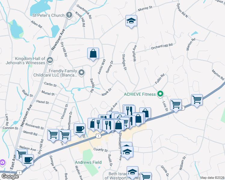 map of restaurants, bars, coffee shops, grocery stores, and more near 21 Mark Drive in Norwalk